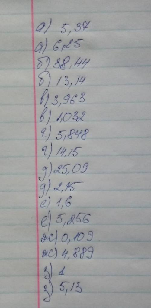 А) 5,23 + 0,14 а) 8,37 – 2,12 б) 15,04 + 23,44 б) 24,18 – 11,04 в) 1,44 + 2,523 в) 4,052 – 3,02 г) 5