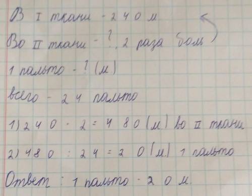 В одном куске ткани было 240 м а в другом два раза больше из всей ткани сшили одинаковые женские пал