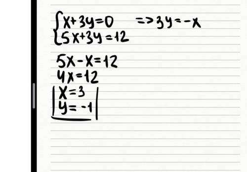 Решите подстановки систему уравнений {x+3y=0 {5x+3y=12. ​