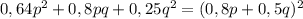 0,64p^{2} +0,8pq+0,25q^{2} = (0,8p+0,5q)^{2}