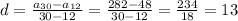 d=\frac{a_{30} -a_{12} }{30-12} =\frac{282-48}{30-12}=\frac{234}{18}=13