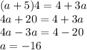 (a+5)4=4+3a\\4a+20=4+3a\\4a-3a=4-20\\a=-16