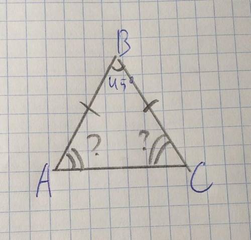 В равнобедренном треугольнике ABC с основанием AC угол B = 45 градусов найти уголA и C