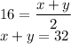 16=\dfrac{x+y}{2}\\x+y=32