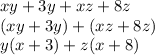 xy+3y+xz+8z\\(xy+3y)+(xz+8z)\\y(x+3)+z(x+8)