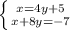 \left \{ {{x=4y+5} \atop {x+8y=-7}} \right.