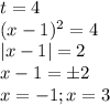 t=4\\(x-1)^2=4\\|x-1|=2\\x-1=\pm2\\x=-1; x=3