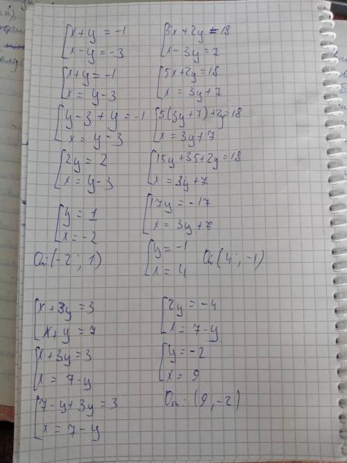 [x+y=-1,x-y=-3][5x+2y=18,x-3y=7][x+3y=3,x+y=7]​