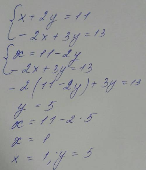 Решите систему уравнения: х+2y=11 -2х+3y=13