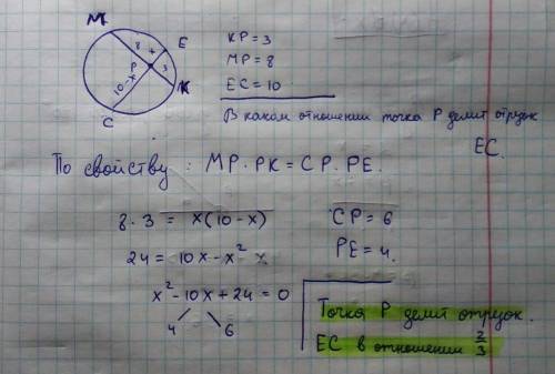 Задание №2 Хорды КМ и ЕС пересекаются в точке Р. КР = 3 см, РМ = 8 см, ЕС = 10см. В каком отношении