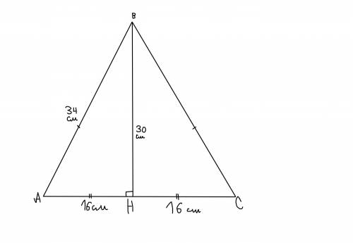 Бічна сторона рівнобедреного трикутника дорівнює 34 см, а висота, проведена до основи - 30 см. Знайт