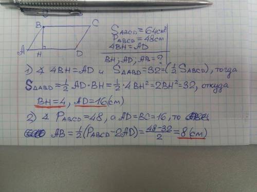 Площадь параллелограмма равна 64см2, а его периметр равен 40 см. Высота, проведённая к одной из его
