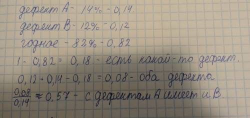 Теория вероятностиБрак при производстве изделия вследствие дефекта составляет 14%, вследствие дефект