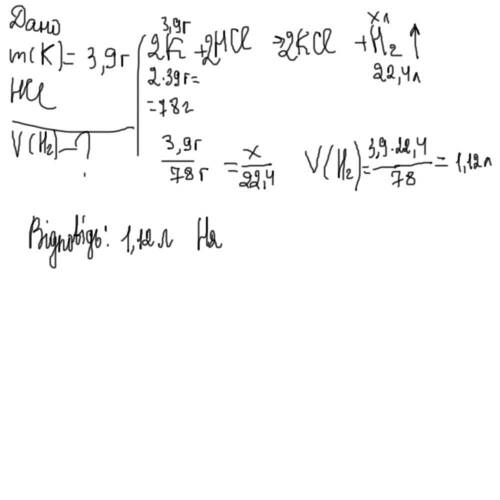 10. Який обєм водню (н.у.) виділиться, якщо з хлоридною кислотою прореагує 3,9 г калію?