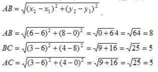 Дан треугольник abc и координаты вершин этого треугольника. Определи длины сторон треугольника и ука
