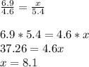 \frac{6.9}{4.6} =\frac{x}{5.4} \\\\6.9*5.4=4.6*x\\37.26=4.6x\\x=8.1