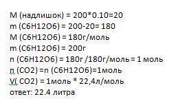 Який об’єм Карбон (IV) оксиду виділиться, при спиртовому бродінні 200 г. глюкози, що містить 10 % до