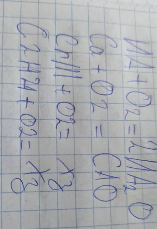 Допишите уравнения химических реакций: Na+O2= Ca+O2= CrIII+O2= C2H4+O2=