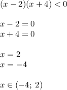 (x - 2)(x + 4) < 0 \\ \\ x - 2 = 0 \\ x + 4 = 0 \\ \\ x = 2 \\ x = - 4 \\ \\ x \in( - 4; \; 2)