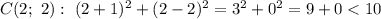 C (2; \ 2): \ (2 + 1)^{2} + (2 - 2)^{2} = 3^{2} + 0^{2} = 9 + 0 < 10