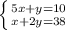 \left \{ {{5x+y=10} \atop {x+2y=38}} \right.