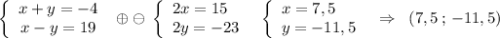 \left\{\begin{array}{ccc}x+y=-4\\x-y=19\end{array}\right\; \oplus \ominus \; \left\{\begin{array}{l}2x=15\\2y=-23\end{array}\right\; \;\left\{\begin{array}{l}x=7,5\\y=-11,5\end{array}\right\; \; \Rightarrow \; \; (7,5\, ;\, -11,5)