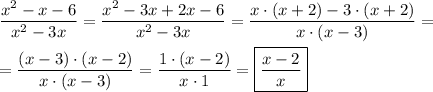 \dfrac{{x}^{2}-x-6}{{x}^{2}-3x}=\dfrac{{x}^{2}-3x+2x-6}{{x}^{2}-3x}=\dfrac{x\cdot(x+2)-3\cdot(x+2)}{x\cdot(x-3)} = \\ \\ =\dfrac{(x-3)\cdot(x-2)}{x\cdot(x-3)}=\dfrac{1\cdot(x-2)}{x\cdot1}=\boxed{\dfrac{x-2}{x}}