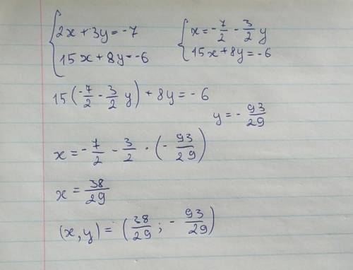 Система 2х+3у=-7 і 15х+8у=-6. Решить додавання або методом підстановки​Решите