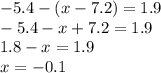 - 5.4 - (x - 7.2) = 1.9 \\ - 5.4 - x + 7.2 = 1.9 \\ 1.8 - x = 1.9 \\ x = - 0.1