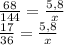 \frac{68}{144} =\frac{5,8}{x} \\\frac{17}{36} = \frac{5,8}{x}