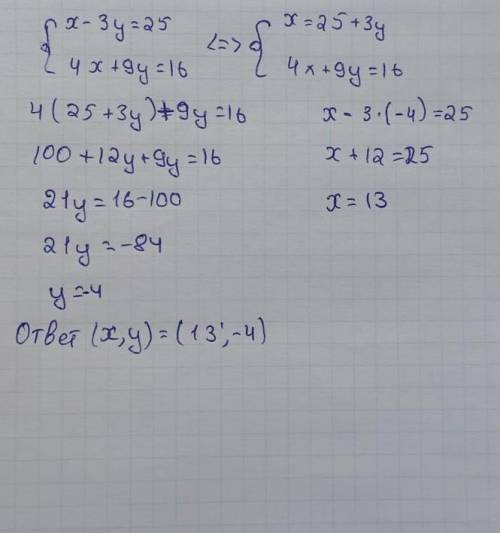 Решите систему уравнения подстановки x-3y=25 4x+9y=16 ПОМАГИТЕ