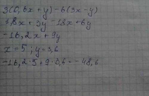 С вираз 3(0,6x+y)−6(3x−y) і визнач його значення, якщо x=5 і y=3,6.