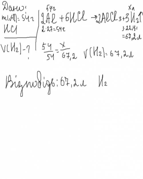 Який об'єм водню можна добути унаслідок взаємодії 54г алюмінію з хлоридною кислотою?