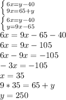 \left \{ {{6x=y-40} \atop {9x=65+y}} \right. \\ \left \{ {6x={y-40} \atop {y=9x-65}} \right. \\ 6x=9x-65-40\\ 6x=9x-105\\ 6x-9x=-105\\ -3x=-105\\ x=35\\ 9*35=65+y\\ y=250