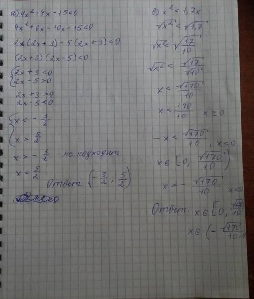 Решить неравенство: а) 4х2-4х-15 < 0; в) х2 < 1,7х; б) х2-81 > 0; г) х(х+3) – 6 < 3(х+1)