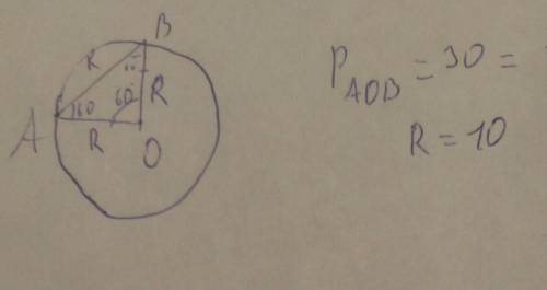 У коло з центром у точні O проведена хорда AB кут AOB=60градусів периметр трикутника AOB дорівнює 30