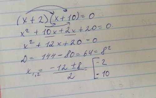 Реши уравнение: (x+2)⋅(x+10)=0. Выбери правильный ответ: x1=2,x2=10 x1=−2,x2=10 x1=−2,x2=−10 другой