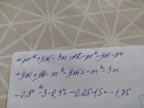 Решите степень.У выражение и найдите его значение при m=0,5.(m-3)(m+4)-(m+2)^2+(4-m)(m+4)​