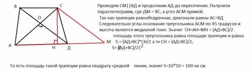 Основы равнобедренной трапеции равны 8 см и 12 см, а диагональ взаимно перпердикулярна. Найди площад