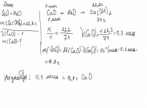 Кальцій оксид повністю прорегаував із водою, Маса утвореного кольцій гідроксиду- 22,2 г. Обчисліть к