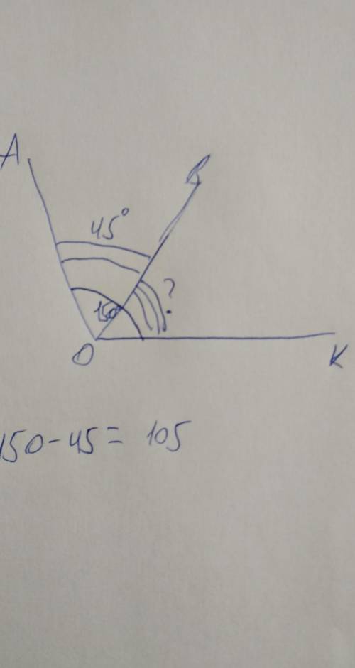 Найти ВОК, если внутри АОК=150 проведен луч ОВ и АОВ=45 . (Сделать чертёж. Записать решение и ответ