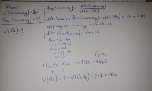 ❗ХИМИЯ❗обчисліть об'єм кисню, необхідний для повного згоряння алкану об'ємом 2 л, відносна густина я