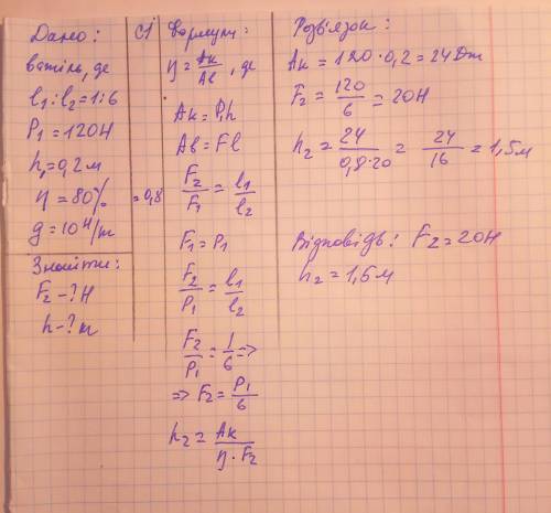 За до важеля підняли вантаж вагою 120 Н на висоту 0,2 м. Плечі важеля відносяться як 1 : 6. Яку силу