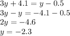 3y + 4.1 = y - 0.5 \\ 3y - y = - 4.1 - 0.5 \\ 2y = - 4.6 \\ y = - 2.3