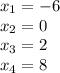 x_1 = -6\\x_2 = 0\\x_3=2\\x_4=8