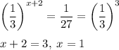 \displaystyle \bigg(\frac13\bigg)^{x+2}=\frac1{27}= \bigg(\frac13\bigg)^3\\\\x+2=3,\;x=1