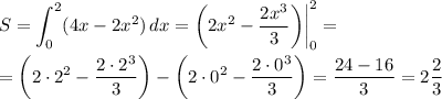 \displaystyle S=\int ^{2}_0(4x-2x^2)\, dx=\bigg(2x^2-\frac{2x^3}3\bigg)\bigg| ^2_0=\\\\=\bigg(2\cdot 2^2-\frac{2\cdot 2^3}3\bigg)-\bigg(2\cdot 0^2-\frac{2\cdot 0^3}3\bigg)=\frac{24-16}3=2\frac23