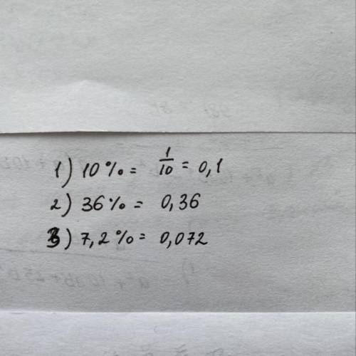 4. Запиши проценты в виде десятичных дробей:а) 10 % ;б) 36 % ;в) 7,2 %.​
