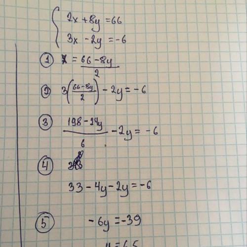 Решите систему уравнений: 2x + 8y = 66, 3x - 2y = -6 Чему равен x ? Чему равен y?