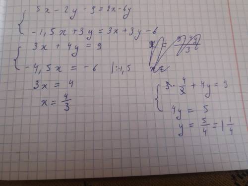 Решите систему уравнений 5х – 2у – 9 = 2(х – 3у)- 0,5(3х -6у) = 3(х + у